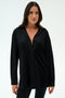 A person stands against a plain background wearing the SPLITS59 Kate Airweight Lite Button Down in black, paired with black pants—a lightweight, minimalist layering essential.