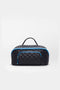 The SPLITS59 MZW x Splits59 Large Accordion Cosmetic is a black quilted travel bag with blue zipper accents and a top handle, shown against a plain white background.