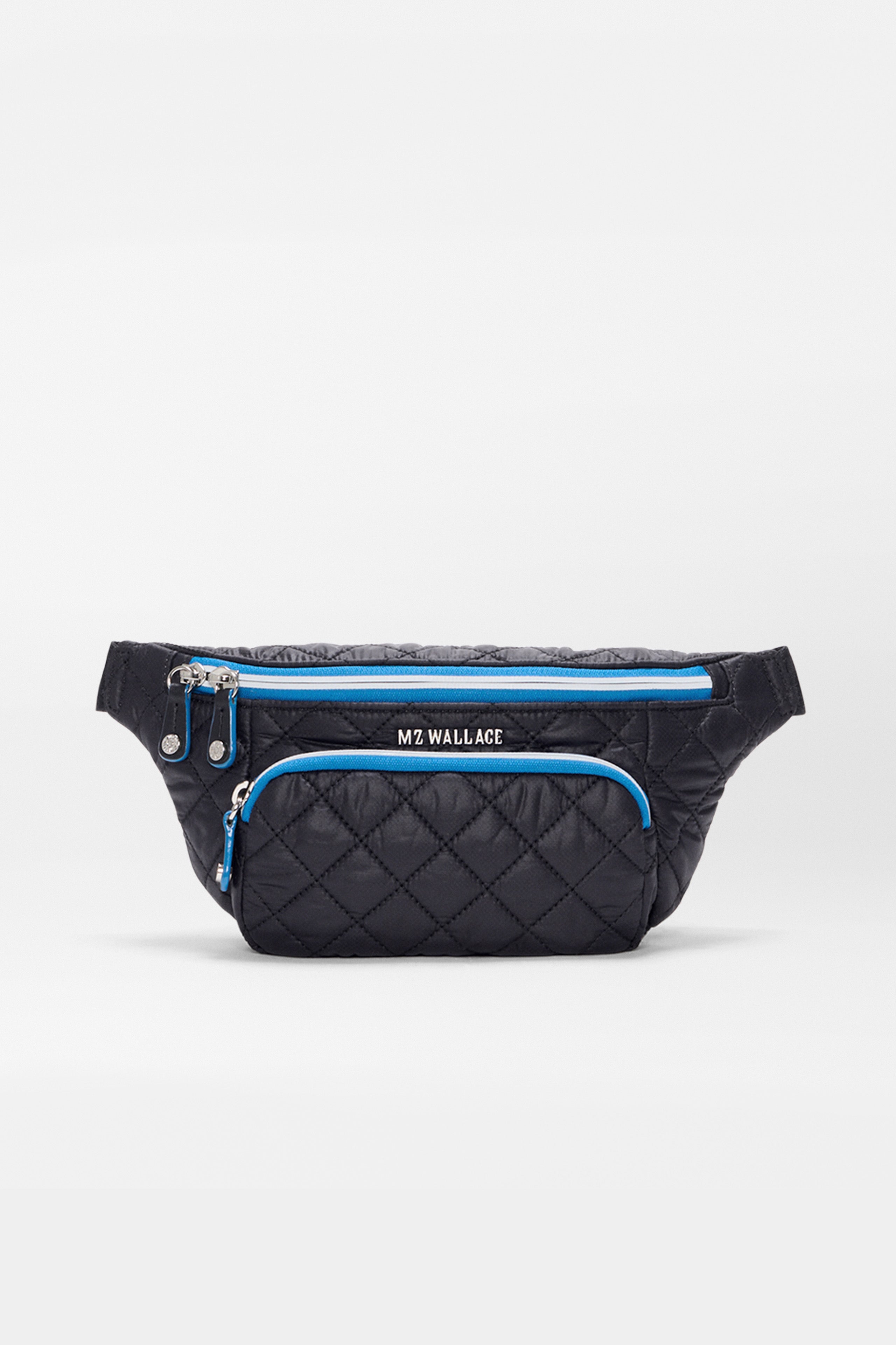 The MZW x Splits59 Small Metro Sling by SPLITS59 is a black quilted belt bag featuring two zippered compartments, blue trim, and "MZ WALLACE" on the front pocket.