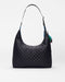 The SPLITS59 MZW x Splits59 Carry All is a black quilted shoulder bag with a curved top, single strap, and small colorful accents by the side zipper, shown on a plain white background.