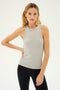 A person with long blonde hair wears the SPLITS59 Kiki Rib Tank Full Length in Heather Grey and black leggings, standing against a plain white background, ready for gym workouts.