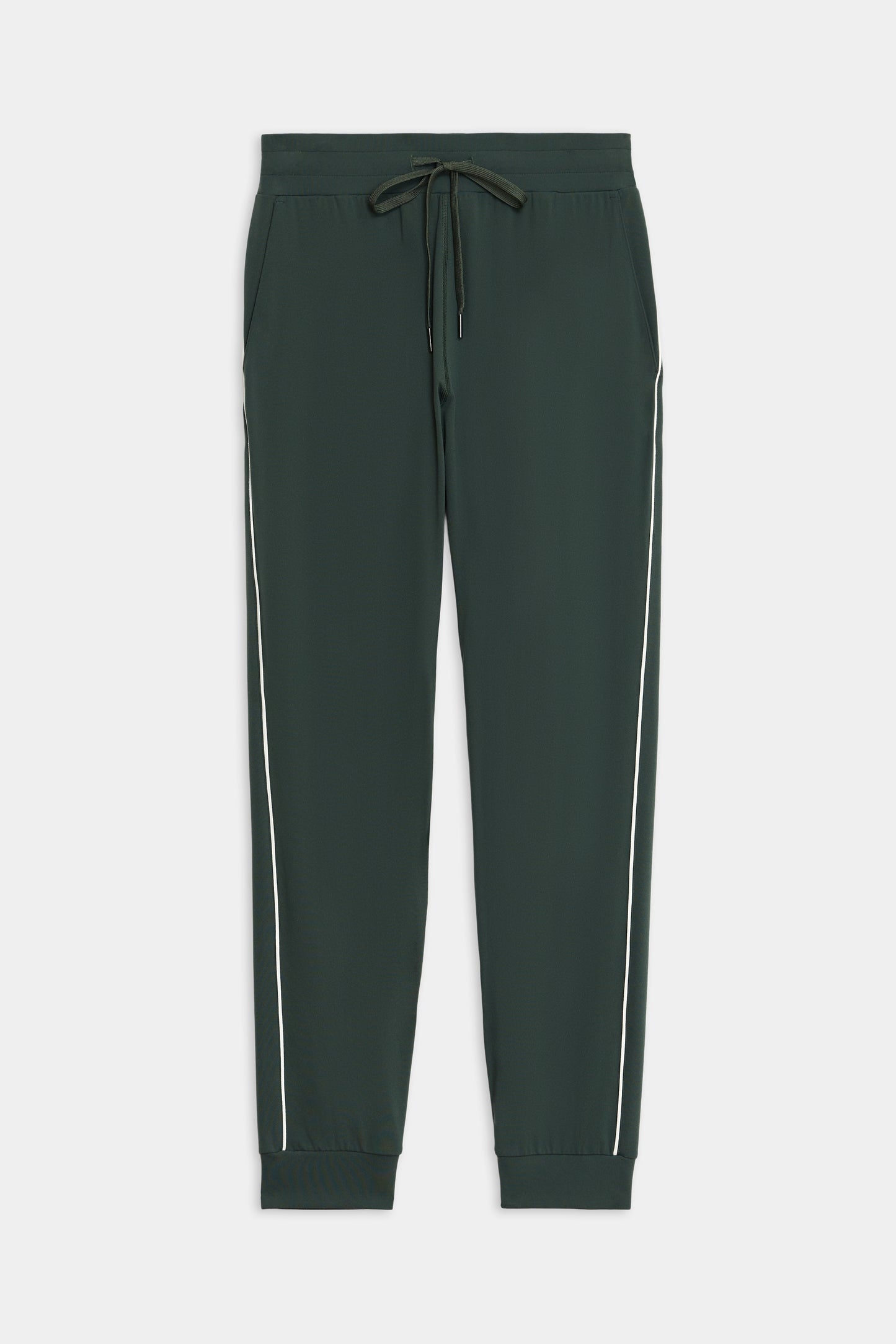 SPLITS59 Airweight Jogger 7/8 with Piping features dark green fabric, white side piping, elastic cuffs and waistband, plus a drawstring.