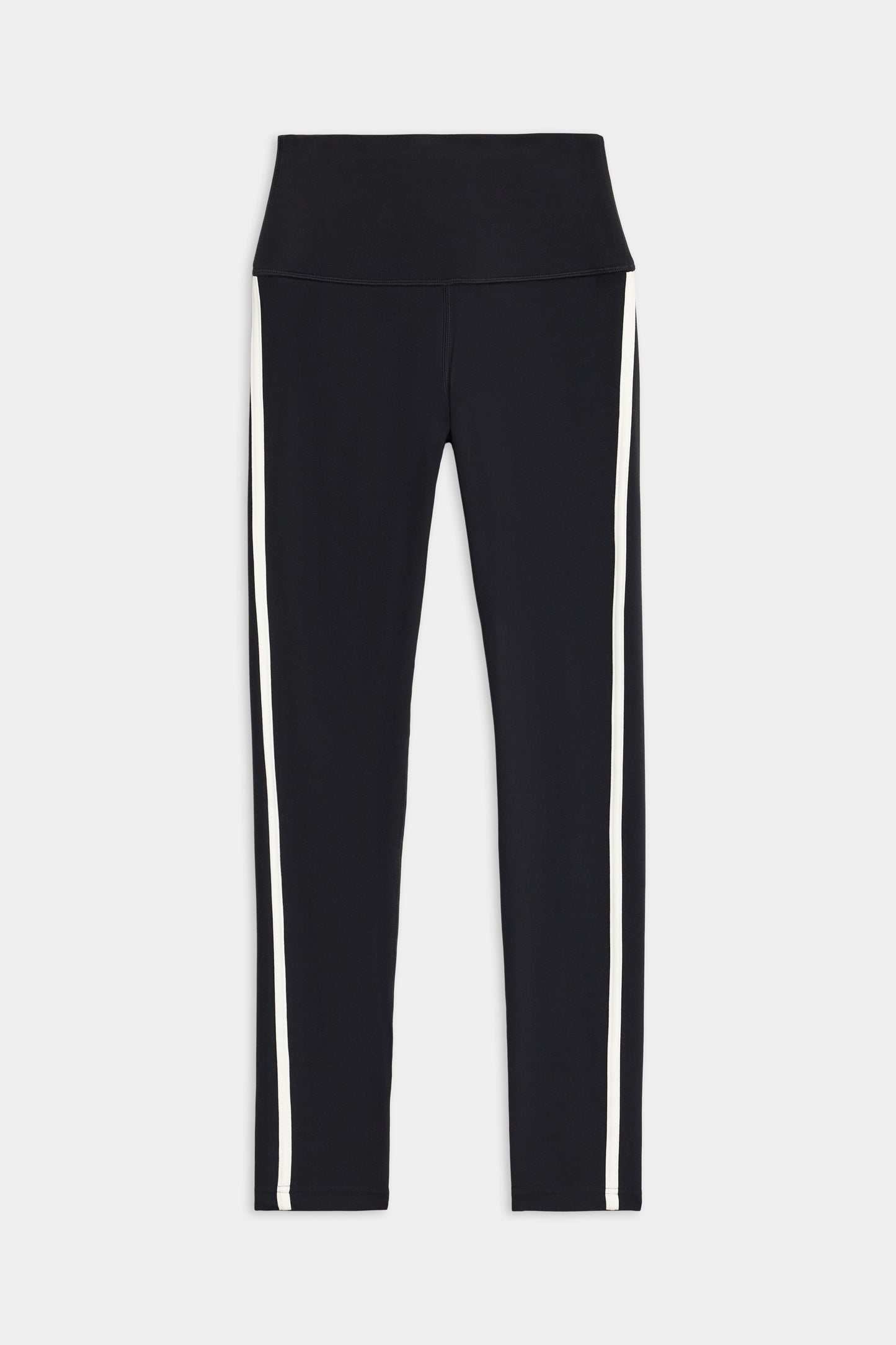 The SPLITS59 Amber Airweight High Waist 7/8 leggings in black feature white vertical side stripes and are displayed flat against a white background.