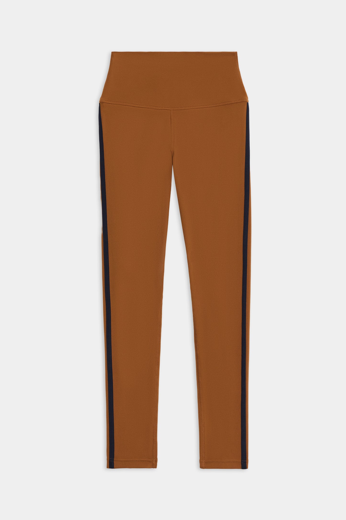 The SPLITS59 Amber Airweight High Waist 7/8 leggings in brown feature black vertical side stripes and are displayed flat on a white background.