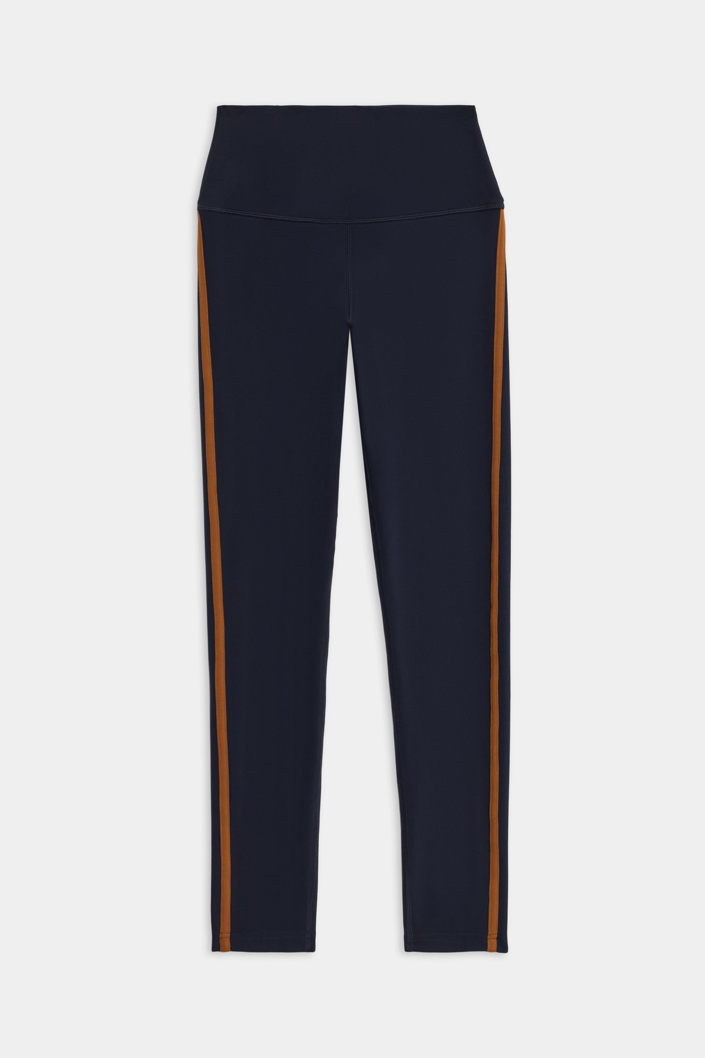Amber Airweight High Waist 7/8 leggings by SPLITS59 in navy blue feature brown vertical side stripes, shown against a white background.
