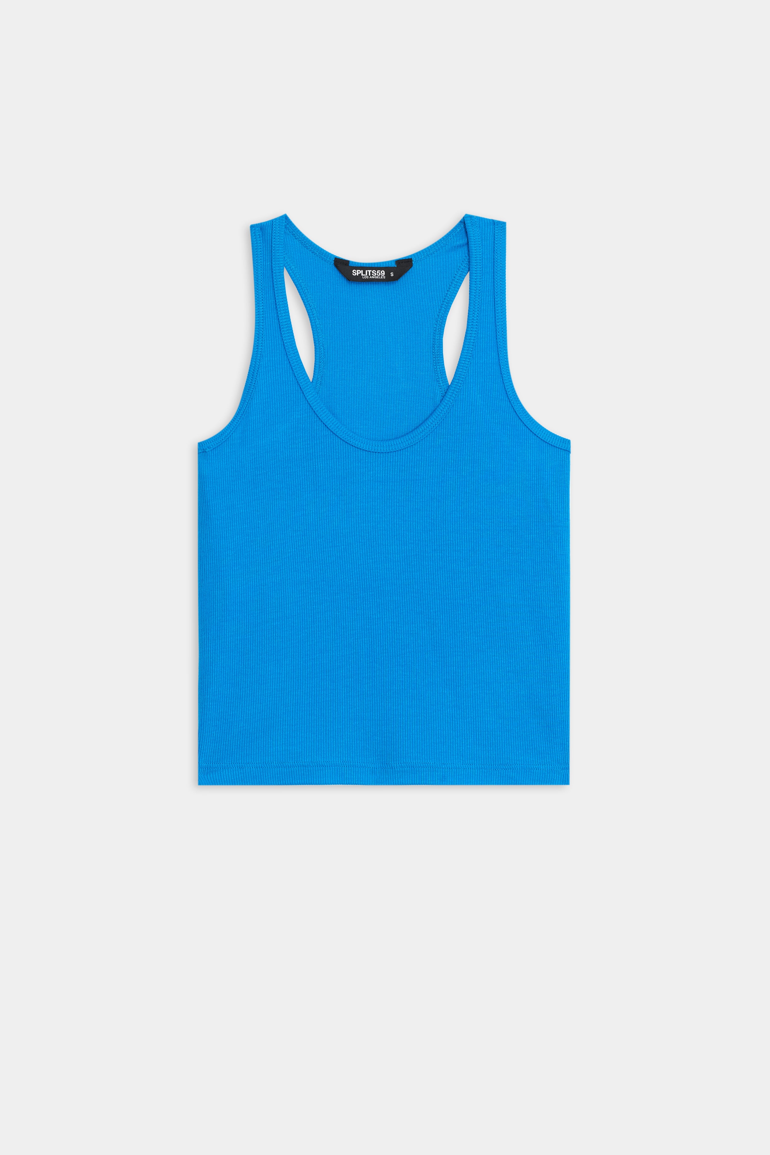 The SPLITS59 Ashby Rib Crop - Riviera, crafted from soft baby rib fabric, features a blue racerback design and is displayed laid flat on a white background.