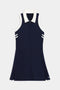 The Austin Rigor Dress by SPLITS59 is a sleeveless navy blue dress with white shoulder stripes, a white collar, a front zipper, and a flared skirt with side slits.