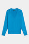 The SPLITS59 Bennie Fleece V-Neck Sweatshirt in bright blue features long sleeves, ribbed cuffs, and a ribbed hem, shown laid flat on a white background.