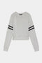 Light gray long-sleeve sweatshirt with two black stripes on each sleeve, a crew neckline, and ribbed cuffs.