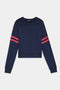 Navy blue long-sleeve sweatshirt with two horizontal red stripes on each sleeve, crew neckline, and cuffed wrists.