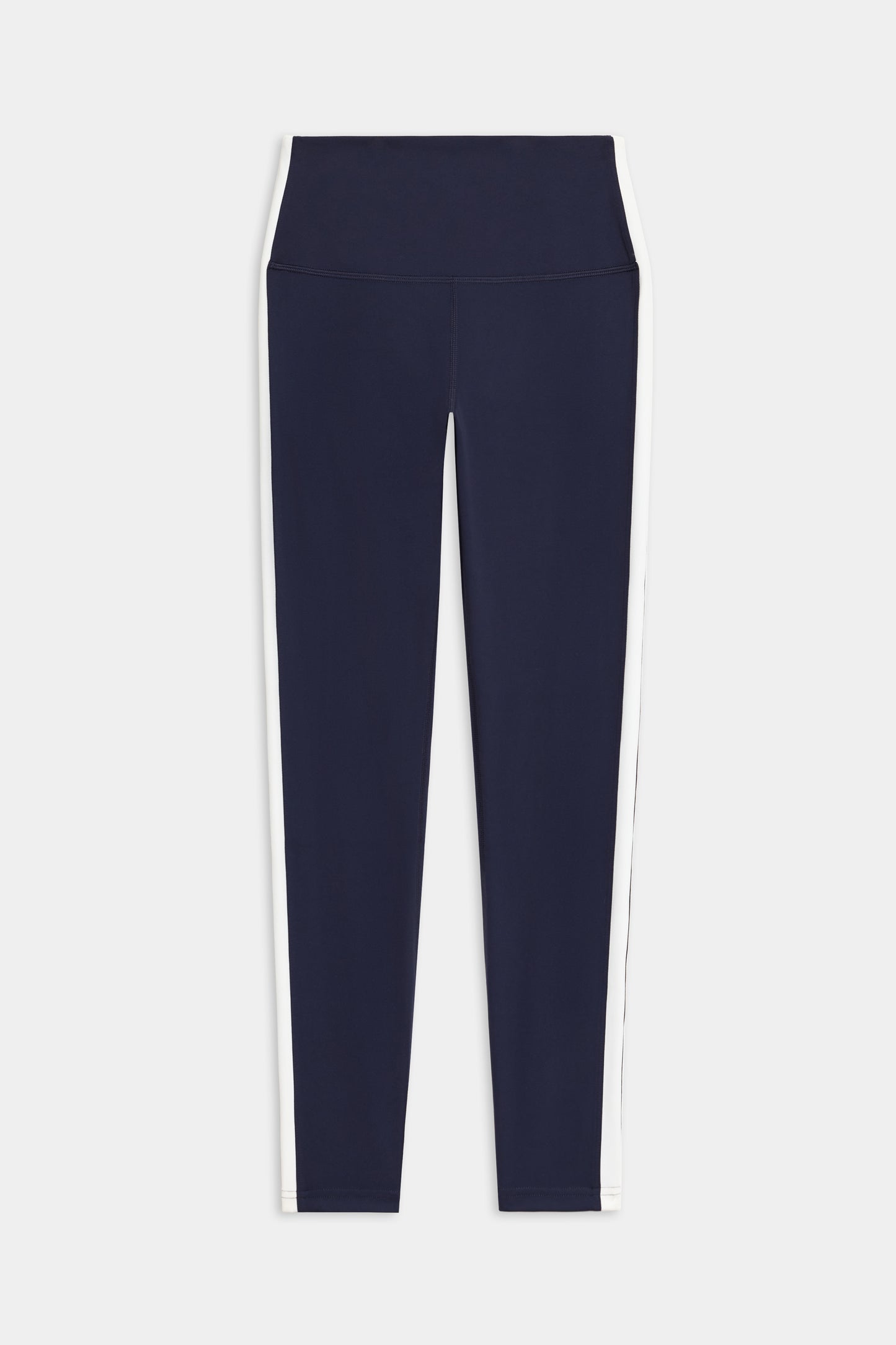 SPLITS59 Clare High Waist Rigor 7/8 leggings in navy blue with white side stripes, shown on a plain white background.