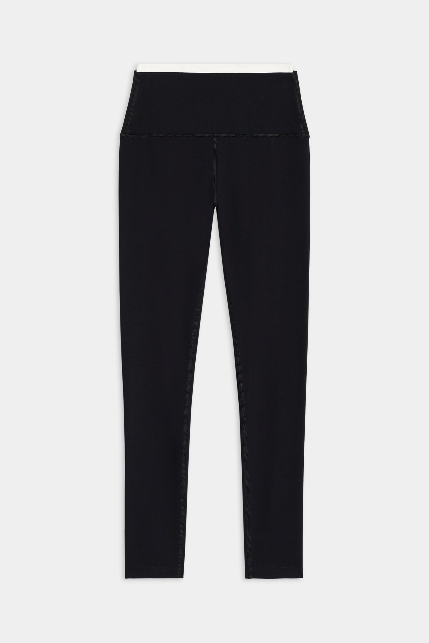 SPLITS59 Dual High Waist Airweight 7/8 leggings in black feature a wide waistband and contrasting white inner lining at the top, shown laid flat on a white background.