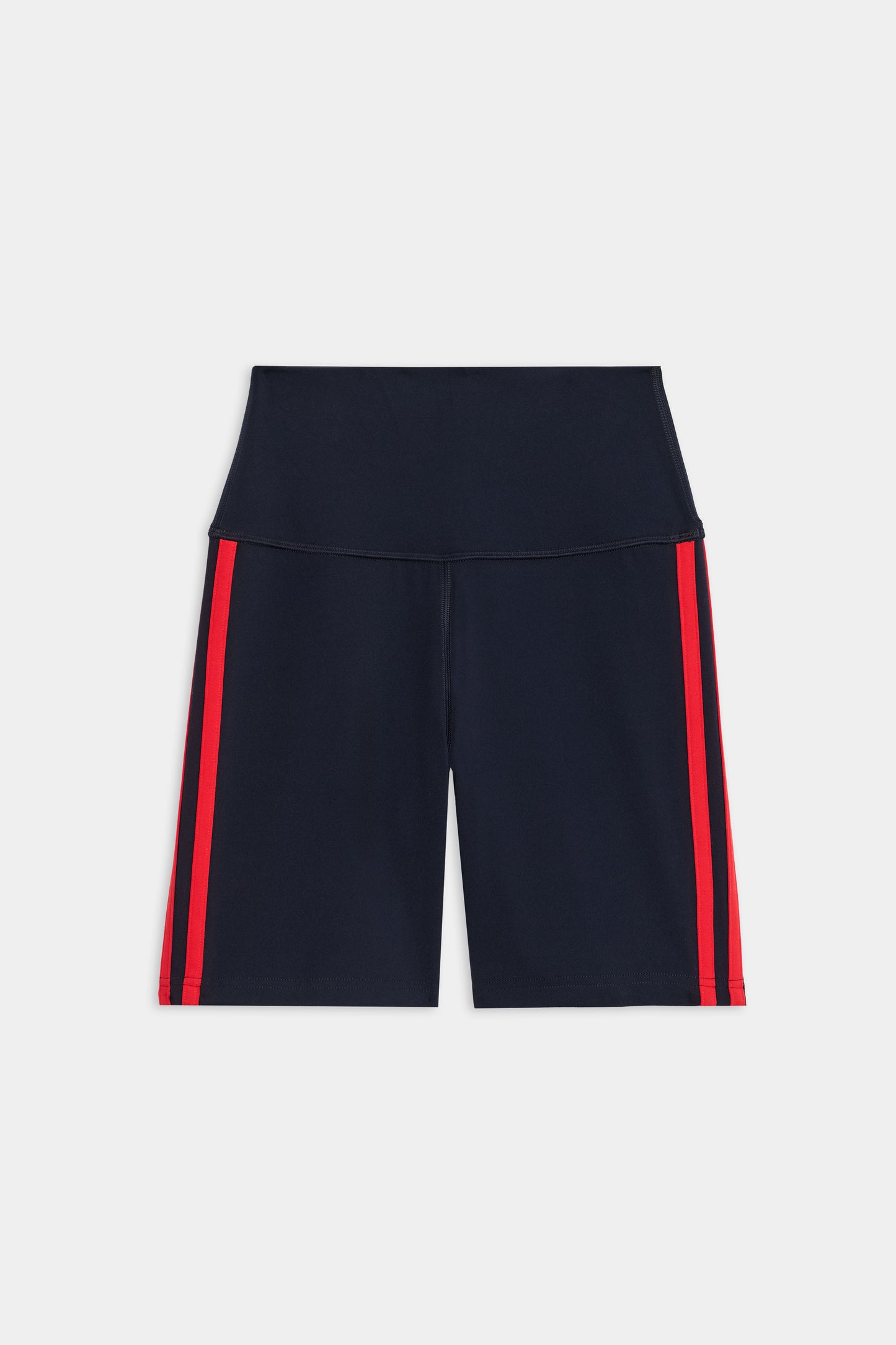 The SPLITS59 Ella High Waist Airweight Short in Indigo/Pirate Red features a high waist and red side stripes, crafted from ultra luxe fabric for hot yoga. Shown against a plain white background.