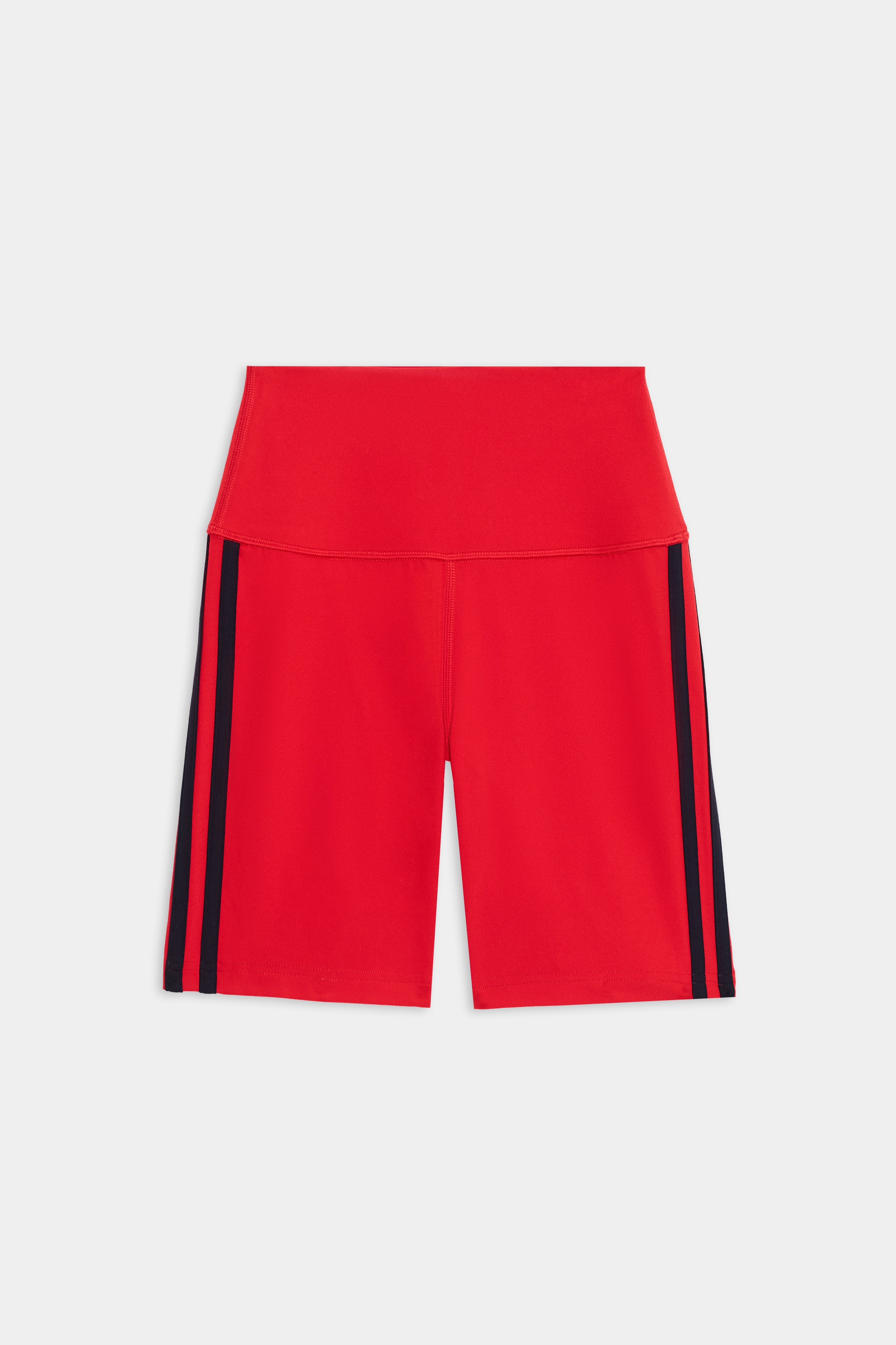 The SPLITS59 Ella High Waist Airweight Short in Pirate Red/Indigo features luxe fabric and black side stripes, ideal for hot yoga. Shown on a plain white background.