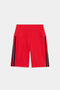 The SPLITS59 Ella High Waist Airweight Short in Pirate Red/Indigo features luxe fabric and black side stripes, ideal for hot yoga. Shown on a plain white background.