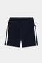 SPLITS59's Ella Airweight High Waist Shorts in Indigo/White feature black athletic shorts with white stripes on a white background, crafted from ultra-soft fabric for ultimate comfort.