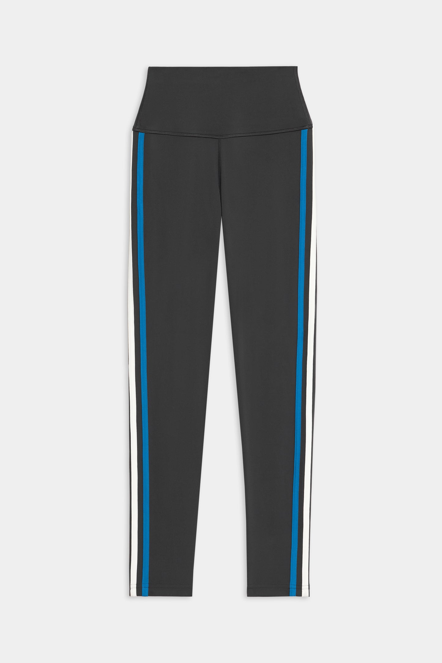 SPLITS59 Ella High Waist Airweight 7/8 leggings in Graphite/Stone Blue feature blue and white vertical side stripes, shown on a plain white background.