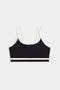 The SPLITS59 Eva Rigor Double Strap Bra is a black bralette with white trim and double spaghetti straps, shown against a plain white background.