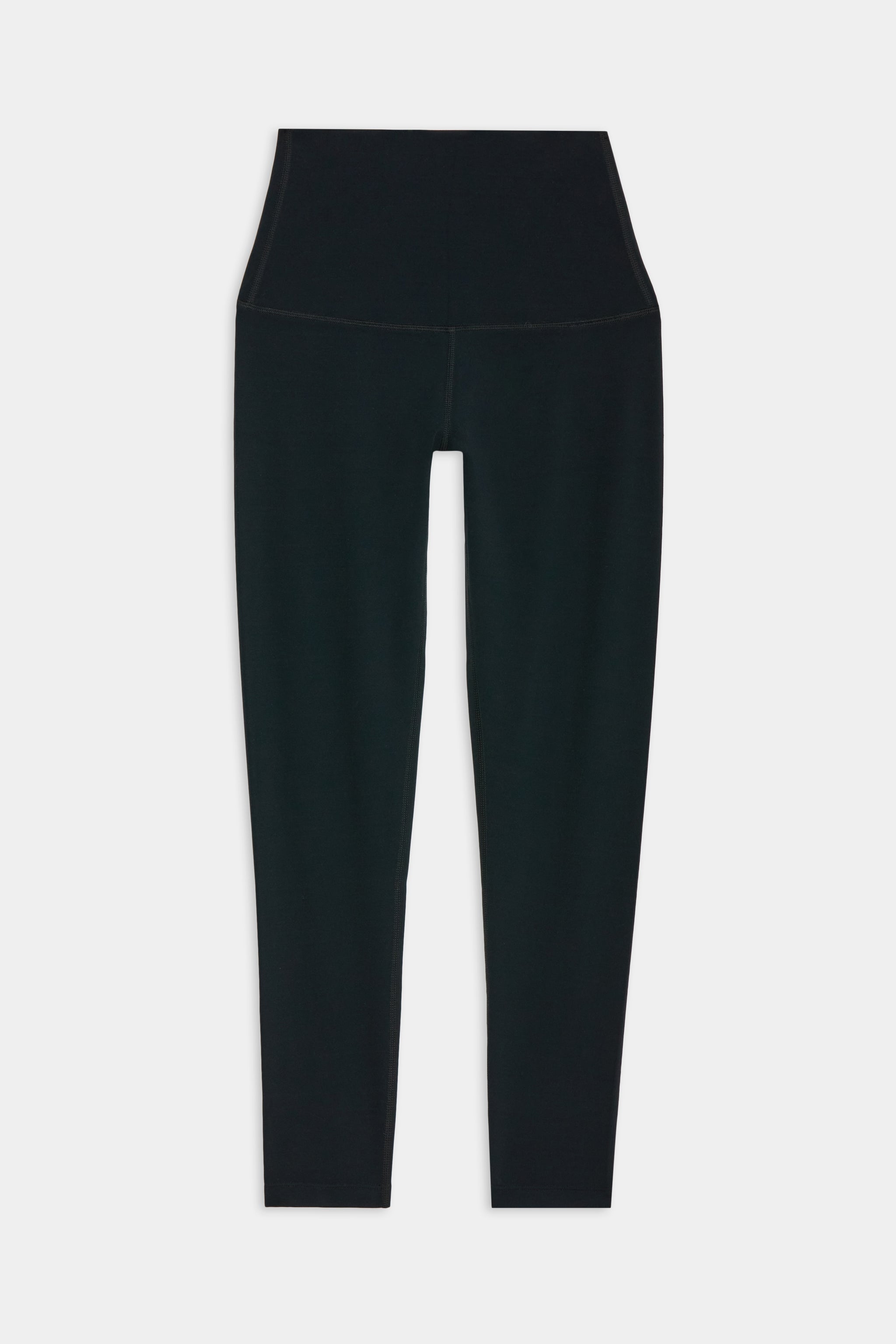 Black high-waisted leggings displayed flat against a white background.