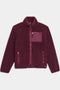 The SPLITS59 Harris Sherpa Jacket in Dark Cherry, made of soft polyester, features a high collar, front zipper closure, and three zippered pockets. The jacket is shown laid flat on a white background.