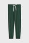Front flat view of dark green sweatpant jogger with white drawstring