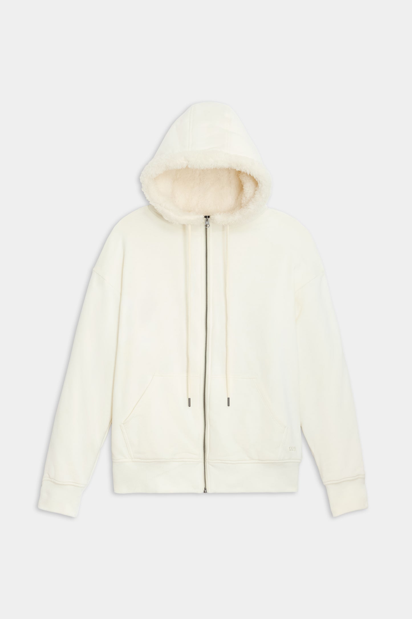 The Lynx French Terry Sherpa Hoodie by SPLITS59, in a sophisticated creme color, features a plush interior lining and drawstrings, making it an ideal choice for après-ski evenings. Highlighted against a simple background, it showcases its MADE IN LOS ANGELES craftsmanship with pride.