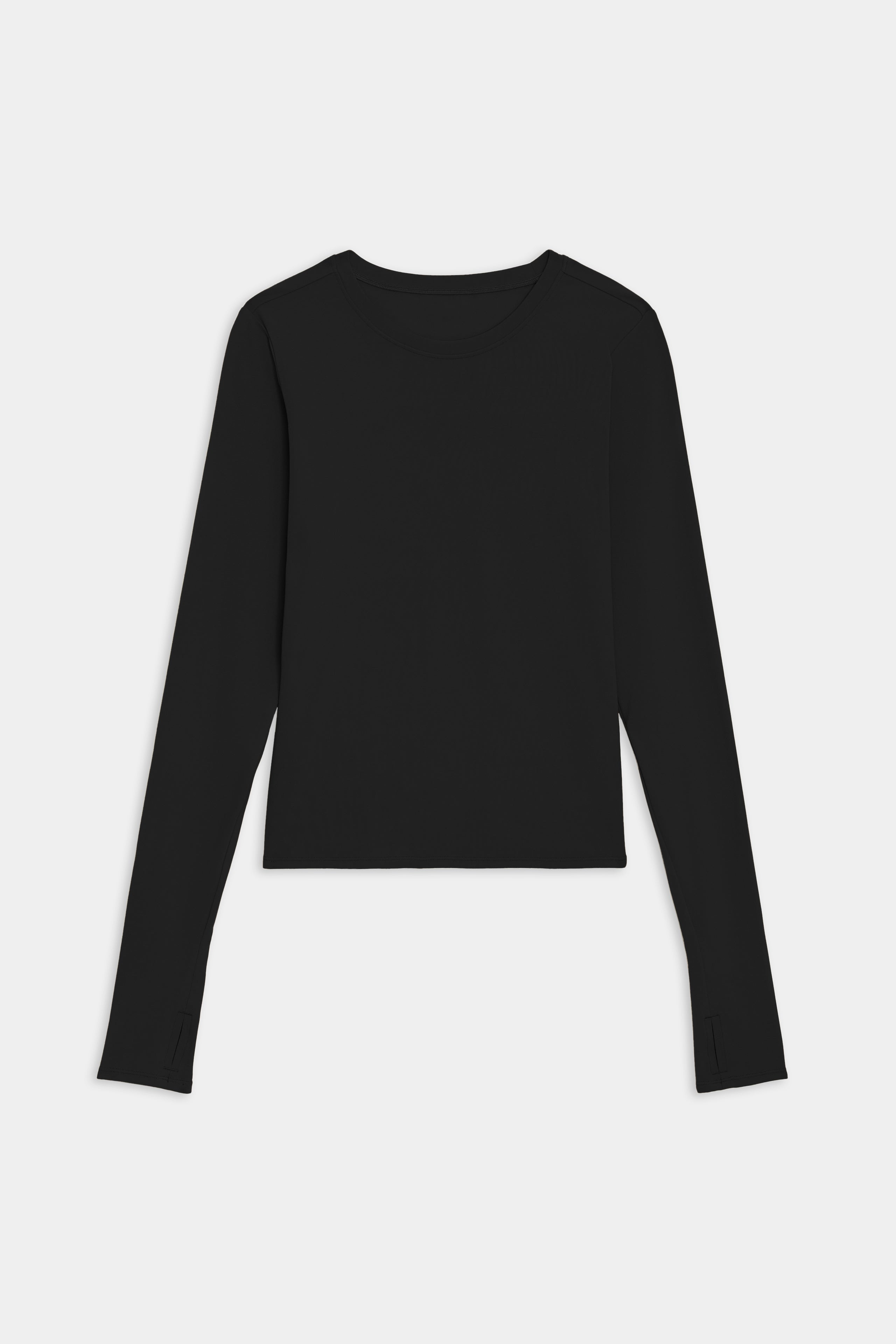 The Airweight Lite LS Waist Length shirt in black from SPLITS59 is showcased on a white background; its long sleeves, crew neckline, and quick-dry fabric make it perfect for gym workouts.