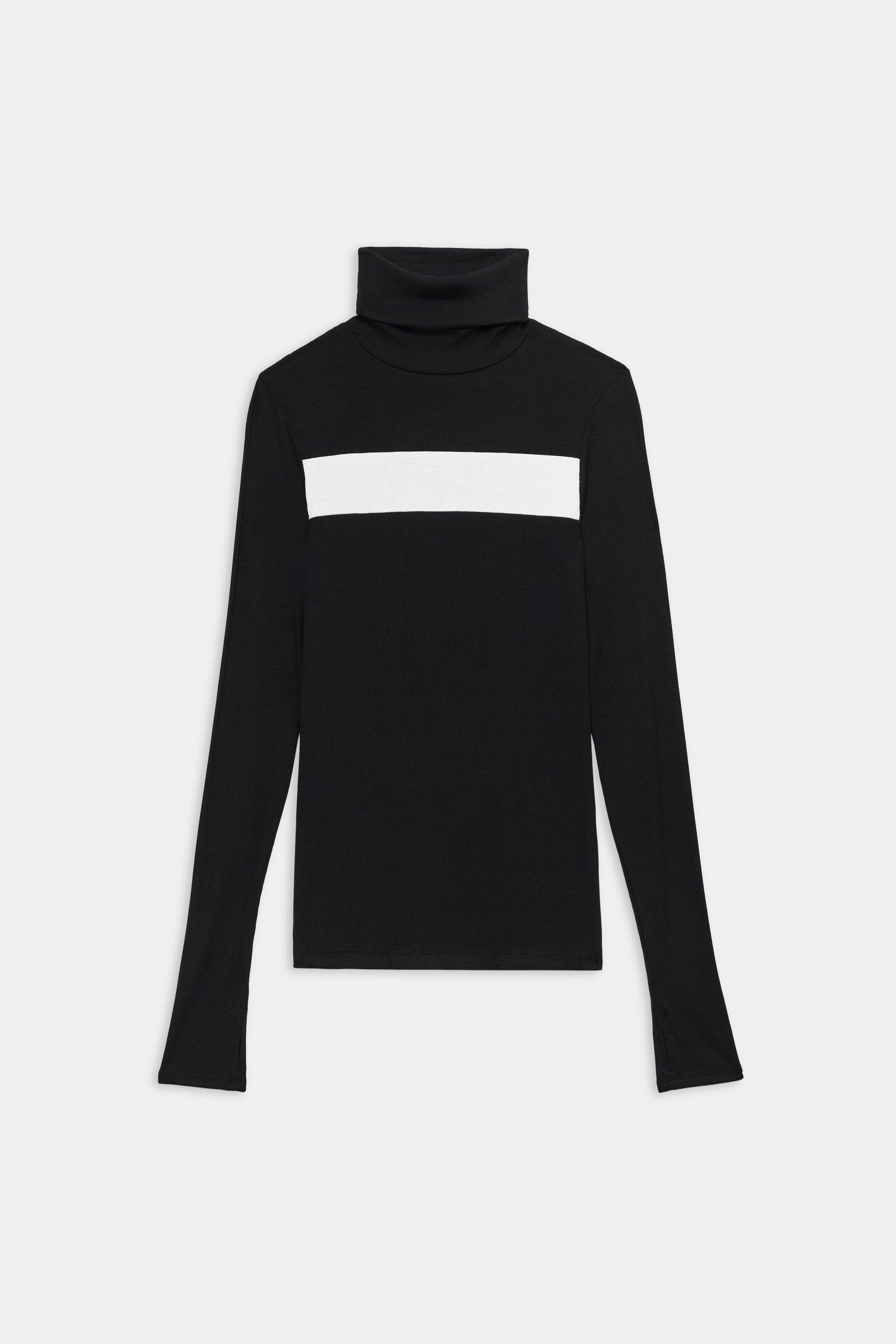 The SPLITS59 Lennon Rib Turtleneck in Black/White features a ribbed design and white chest stripe, ideal for layering before Pilates or yoga. Shown here laid flat on a white background.
