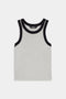 Sleeveless light gray tank top with black trim around the neck and armholes, laid flat on a white background.
