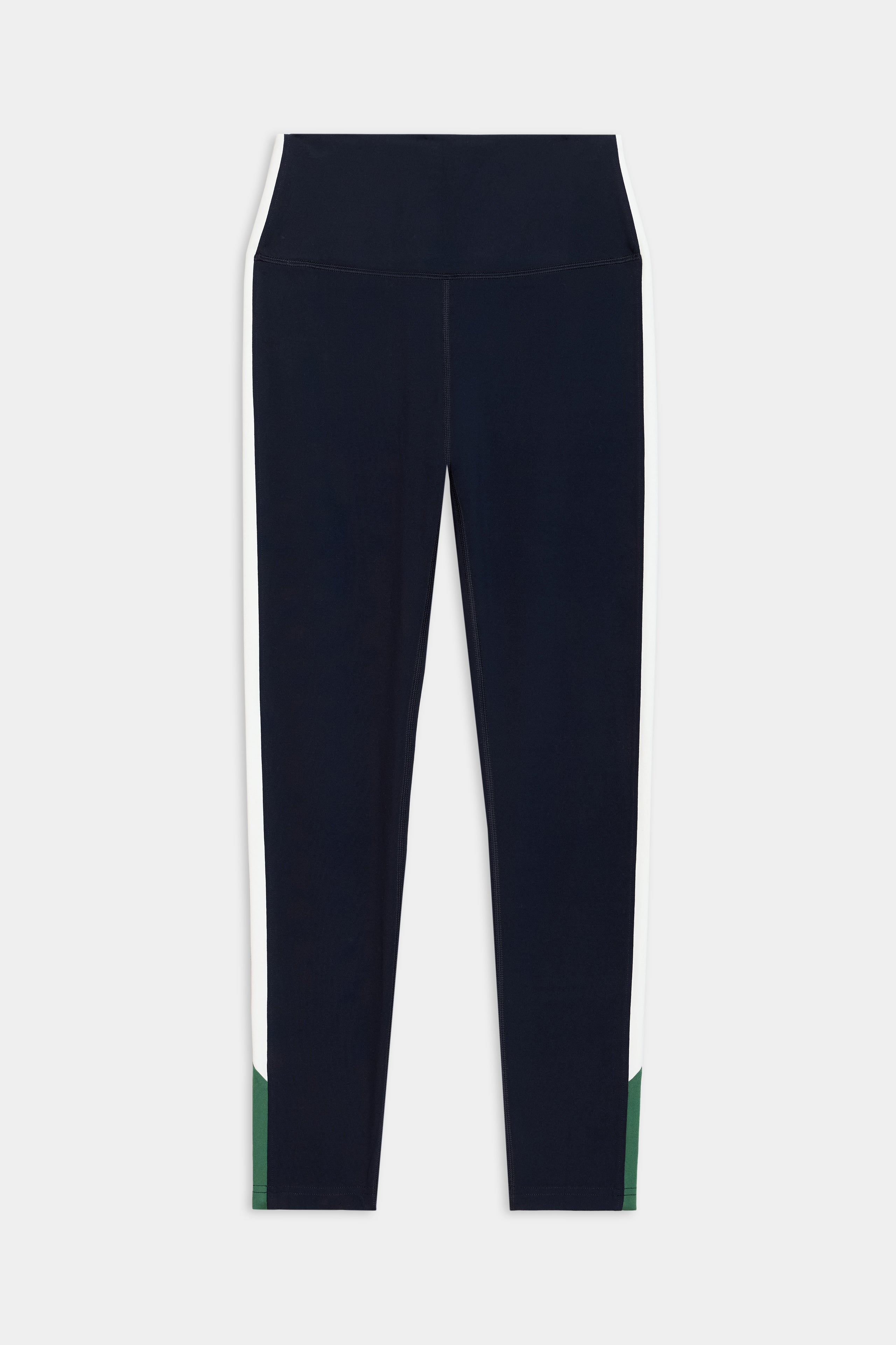 SPLITS59's Layla Airweight High Waist 7/8 leggings in Indigo/White showcase white and green color-block details, ideal for hot yoga. Displayed on a plain background, they're crafted from premium Airweight fabric.