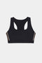 The SPLITS59 Lexi Rigor Bra - Black/Dark Chocolate features a racerback design with brown side panels and white trim, made for high-impact workouts. Shown flat on a white background.