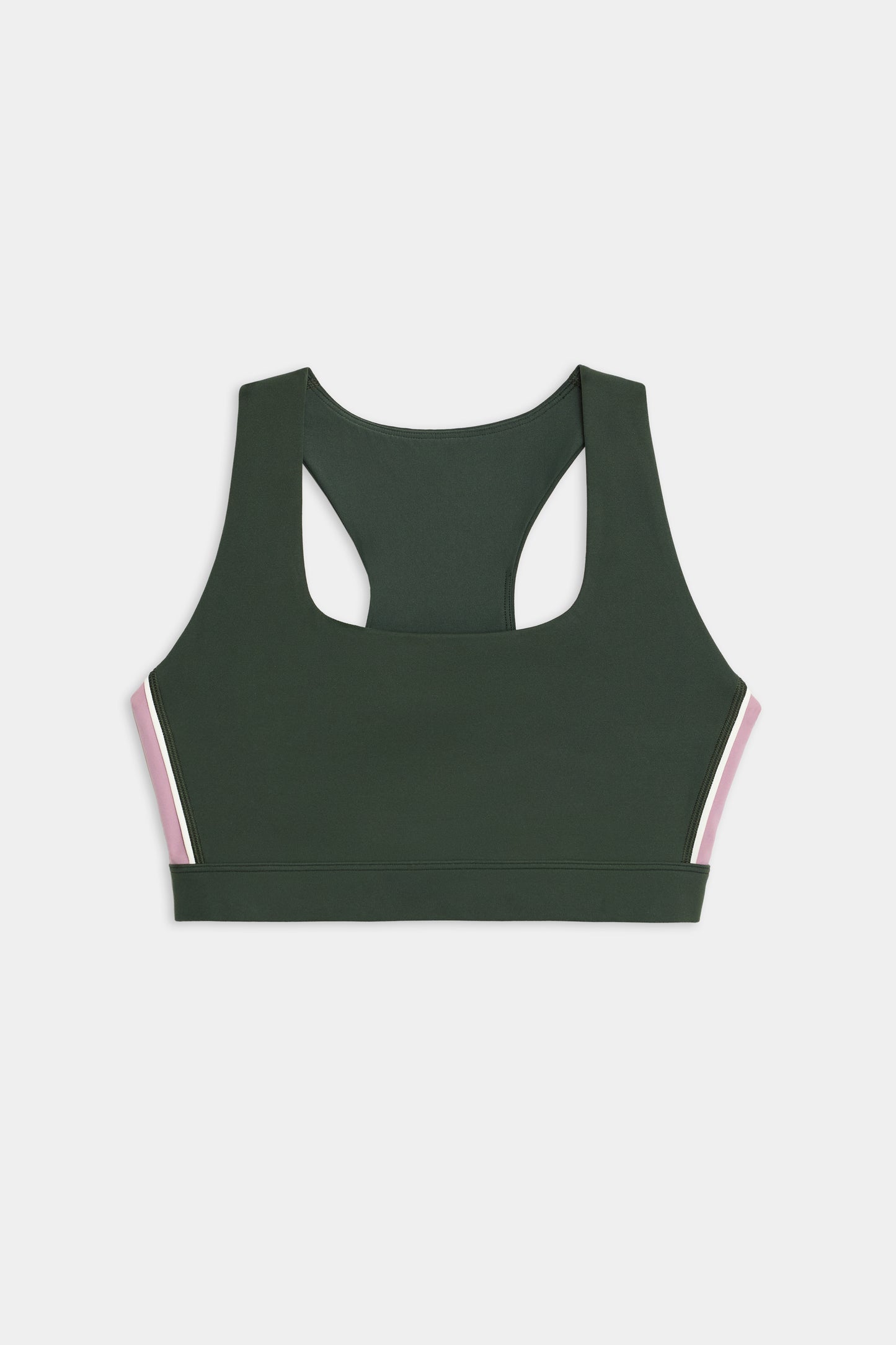 The SPLITS59 Lexi Rigor Bra, a dark green racerback sports bra featuring pink and white side stripes, is displayed on a white background.