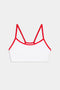 White bralette with thin red straps and red trim, displayed on a plain light gray background.