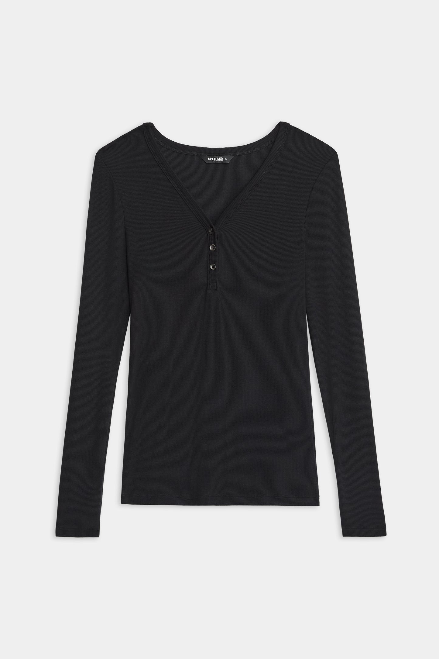 The SPLITS59 Louise Rib Henley is a black long-sleeve shirt featuring a V-neckline and three-button front placket, shown on a white background.