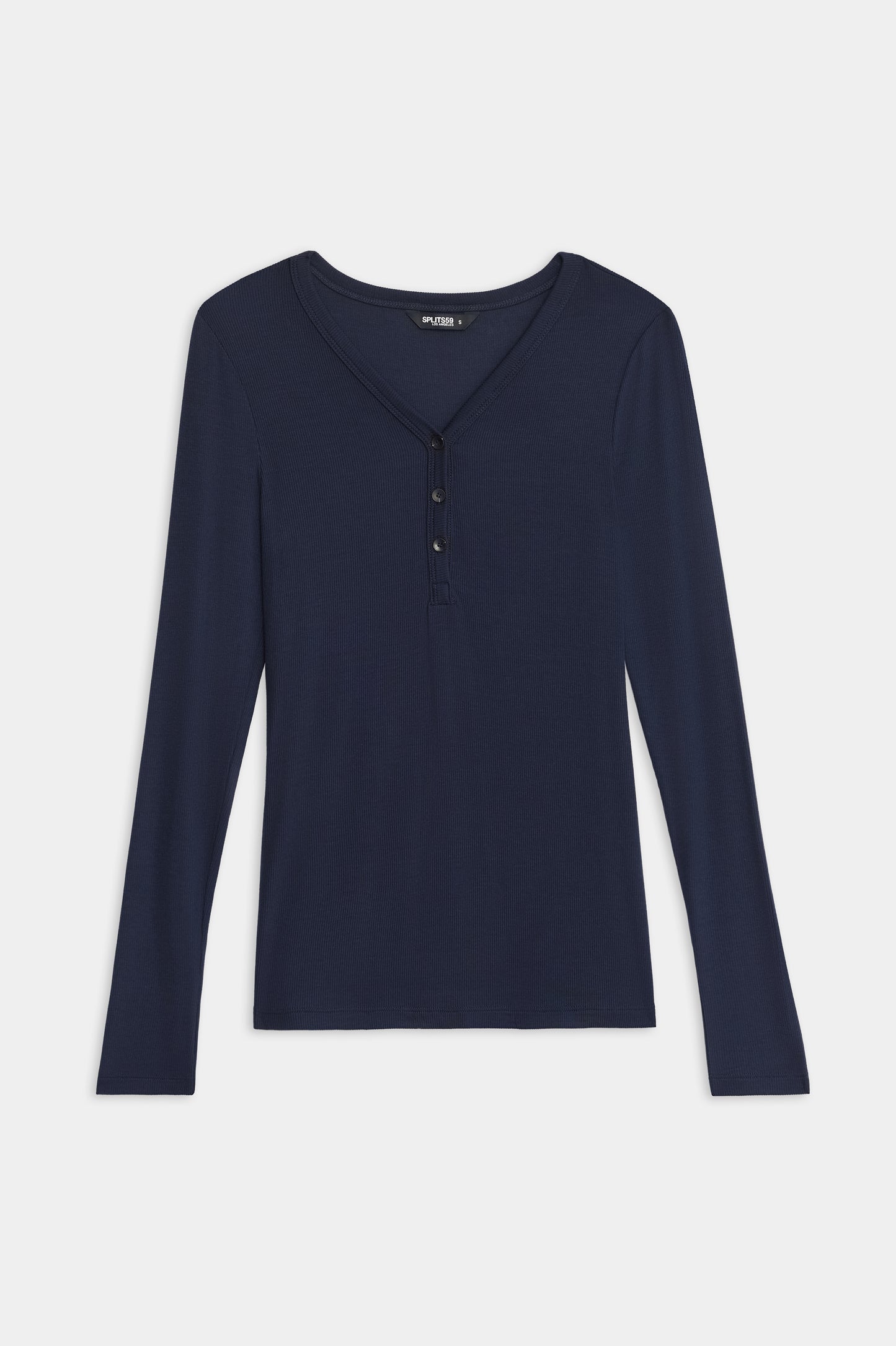 The SPLITS59 Louise Rib Henley is a navy blue long-sleeve shirt featuring a V-neckline and three-button front placket, shown laid flat on a white background.