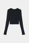 Black long-sleeve crop top laid flat on a white background.