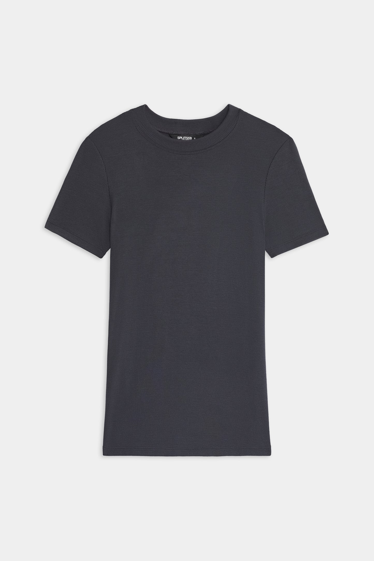 The SPLITS59 Louise Rib Short Sleeve, a dark gray t-shirt, is laid flat on a white background.