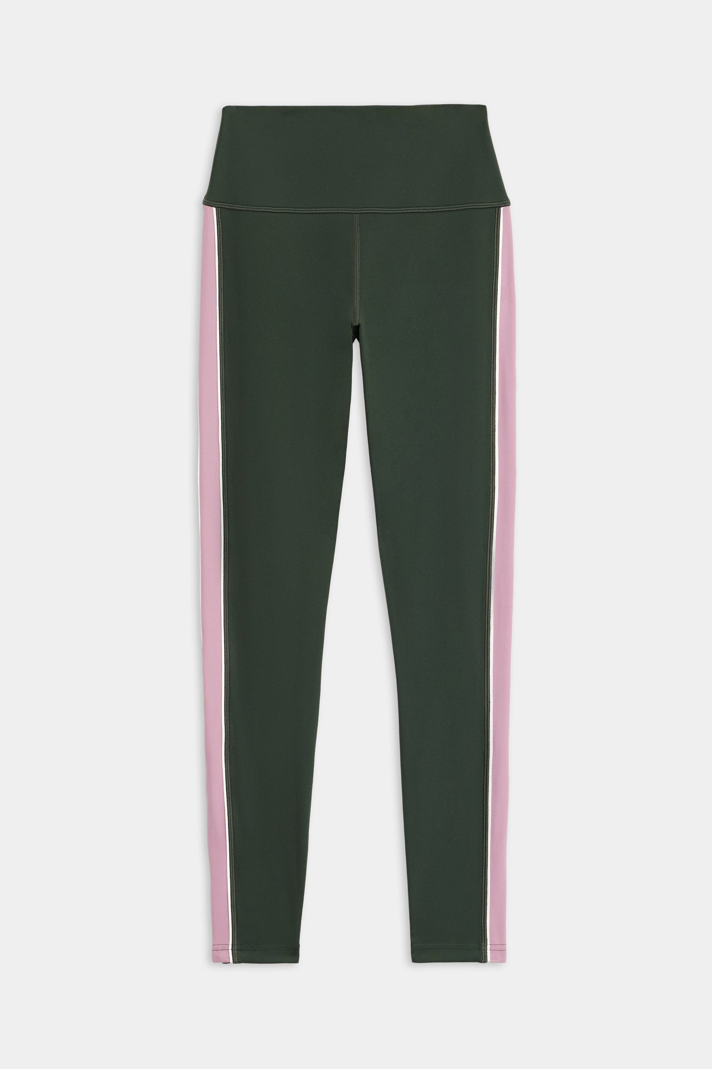 The SPLITS59 Margot Rigor Legging in Military/Blush features dark green fabric with light pink side panels and a high waistband, displayed flat on a white background.
