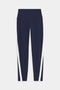 The Miles High Waist Rigor 7/8 leggings by SPLITS59 are navy blue with white diagonal side stripes, featuring a high waistband and full-length design set against a white background.