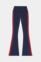 Navy blue flared pants with a wide waistband and red double stripes running down the sides of each leg.