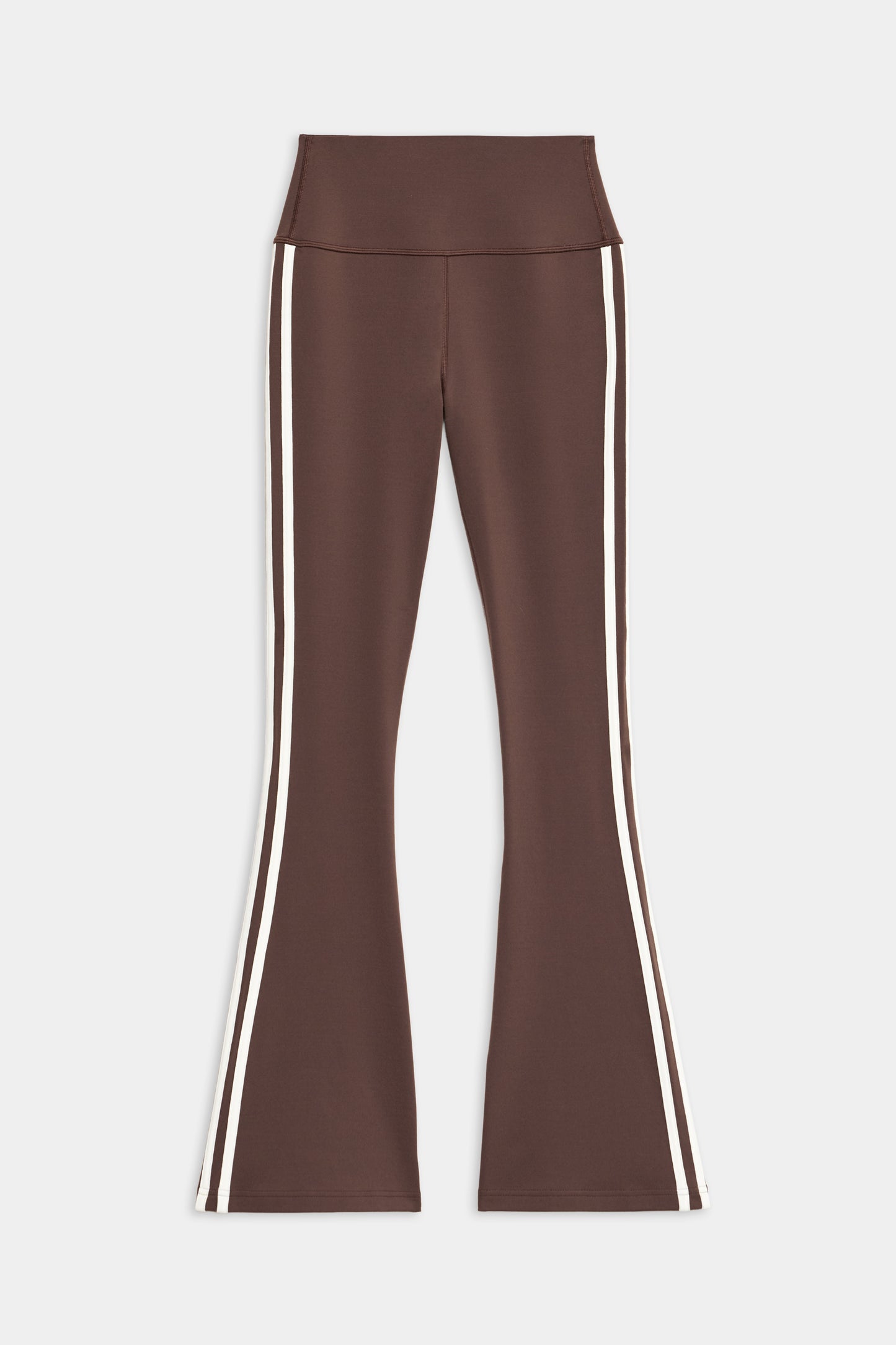 The SPLITS59 Raquel High Waist Flared Legging in Dark Chocolate/Creme features soft spandex, white side stripes, a high-rise waistband, and full-length flared legs, displayed flat on a white background.