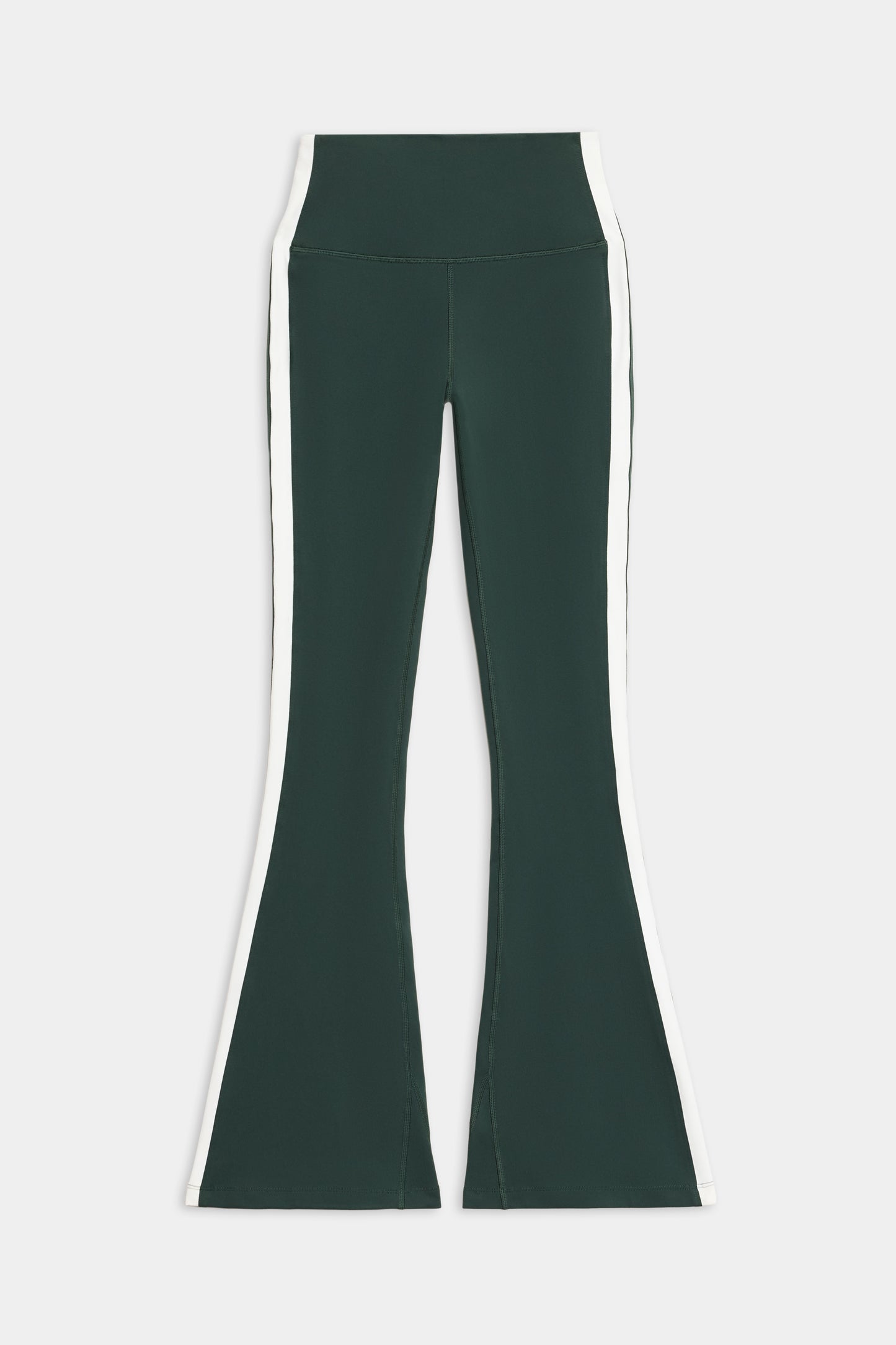 The SPLITS59 Raquel High Waist Flared Legging in Military/White features white side stripes and a comfy spandex-blend, shown laid flat on a white background.
