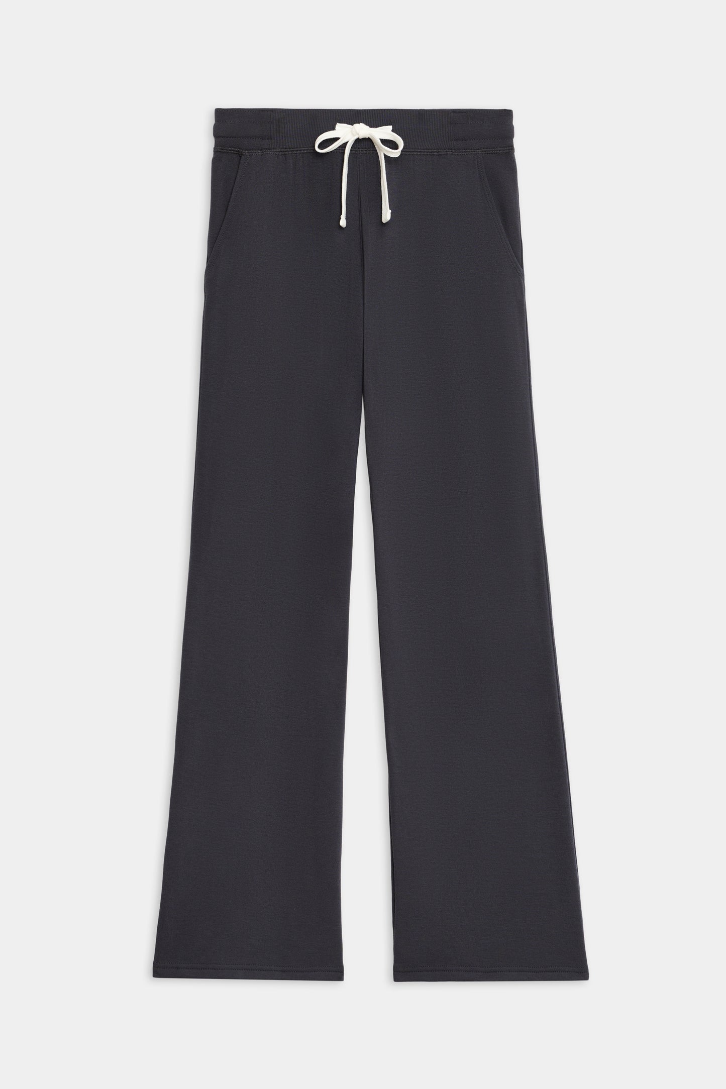 The SPLITS59 Raven Fleece Full Length Sweatpant features a black wide-leg design with an elastic waistband, white drawstring, and side pockets, shown flat on a white background.