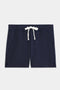 The SPLITS59 Reena Sweatshort, shown on a white background, features a navy blue color, side pockets, and a white drawstring at the waistband.