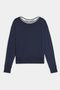 The SPLITS59 Sonja Fleece Sweatshirt W/ Stripe in indigo features a soft modal blend and white double-striped trim on the crew neck, shown laid flat against a white background.