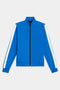 The Max Rigor Track Jacket by SPLITS59 features a blue design with white sleeve stripes, a front zipper, and ribbed cuffs.