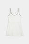 The SPLITS59 Martina Rigor Dress w/Piping - White is a sleeveless white tennis dress with black piping along the neckline and armholes, tailored from Rigor fabric. It features a fitted waist and slightly flared skirt, perfect for court sports.