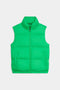 The SPLITS59 Summit Nylon Puffer Vest in Grass features lightweight insulation, a high collar, front zipper, and two side pockets—ideal for cool weather workouts. Shown laid flat on a white background.