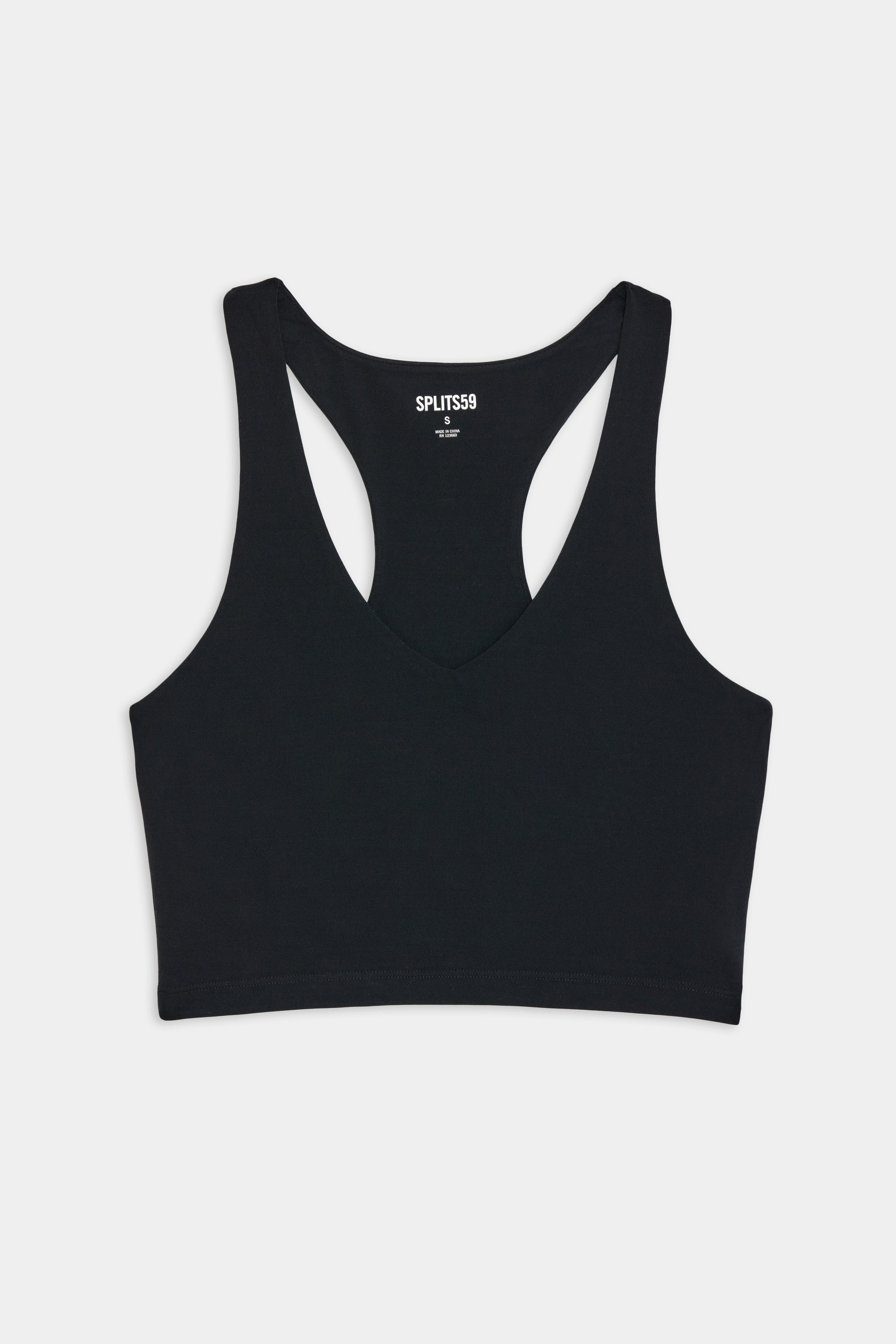 A black racerback sports bra with a V-neckline, displayed flat against a white background. The brand "Splits59" is printed inside the back neck area.