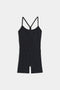 Flat view of black high thigh spaghetti strap body suit/one piece